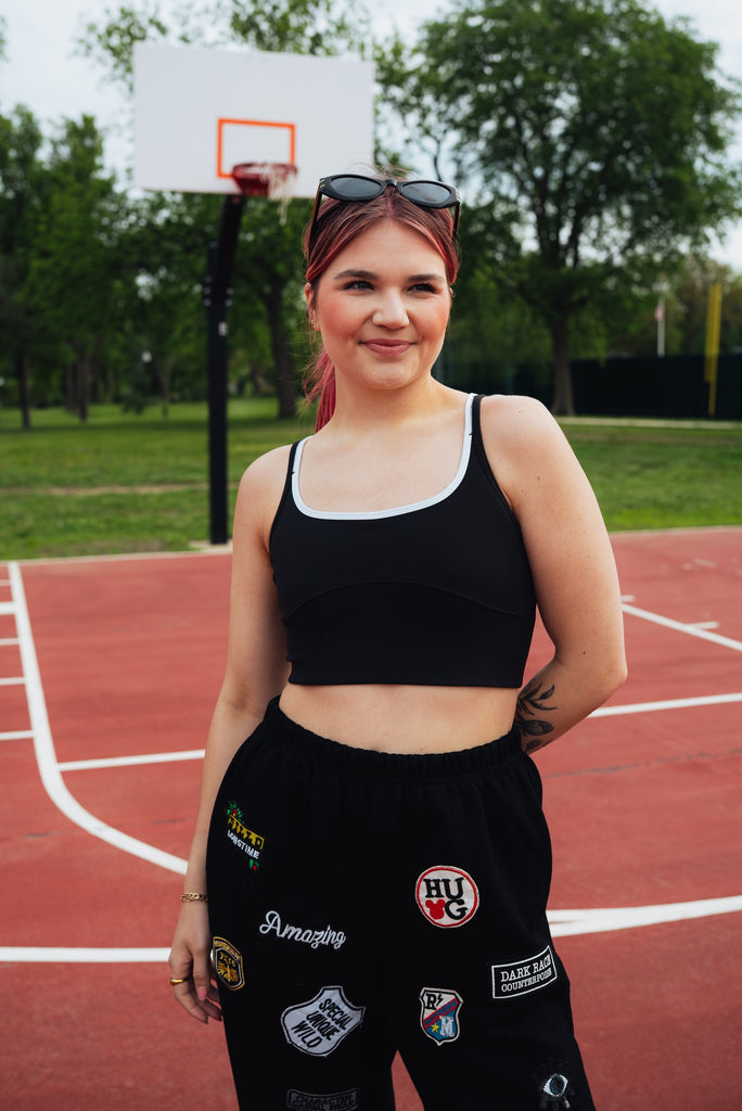 white lined sports bra