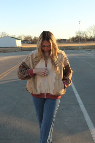 color block with cream zip up jacket