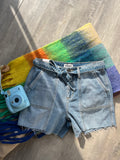 medium wash tie denim shorts