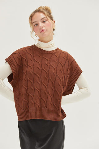 chestnut short sleeve cable sweater